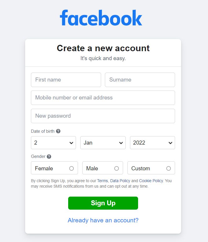 Creating an account on Facebook