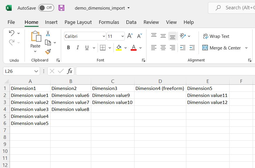 Template for importing dimensions