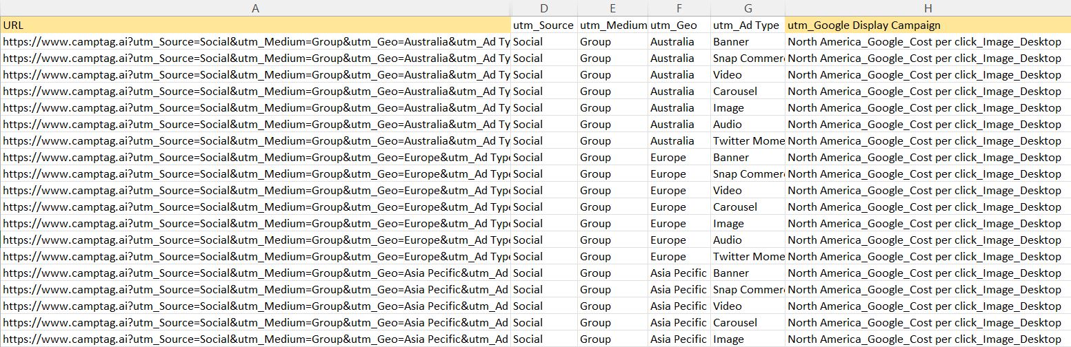 Exported spreadsheet with URLs and Campaign Names
